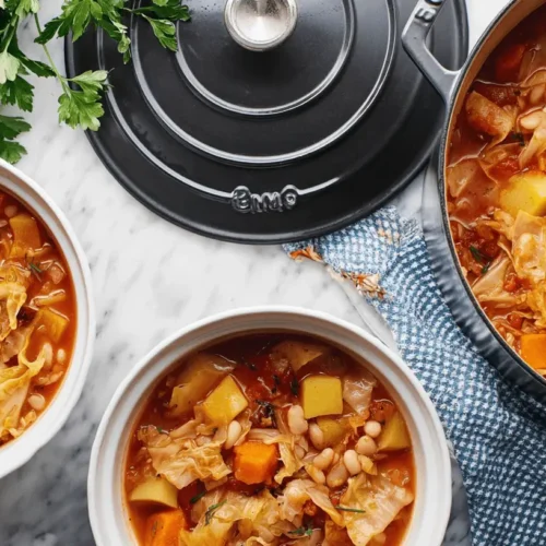 Hearty homemade cabbage soup with potatoes, beans, and carrots served in a cast iron pot and bowls.