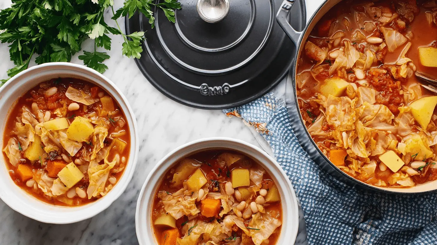 Hearty homemade cabbage soup with potatoes, beans, and carrots served in a cast iron pot and bowls.
