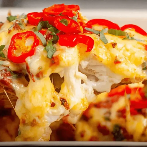 Close-up of savory Cajun Chicken with Sweet Peppers and gooey melted cheese being served.