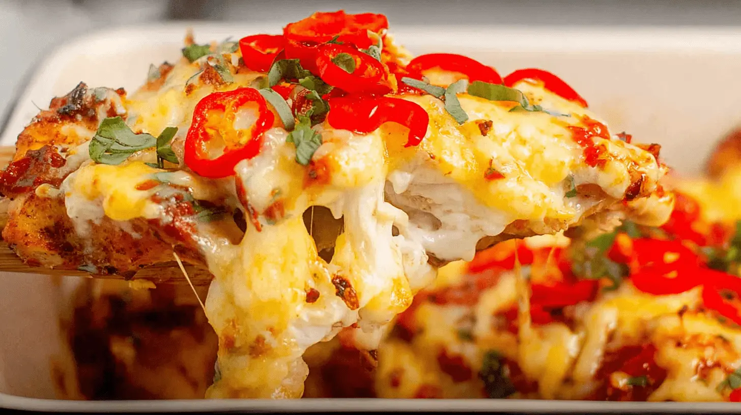 Close-up of savory Cajun Chicken with Sweet Peppers and gooey melted cheese being served.