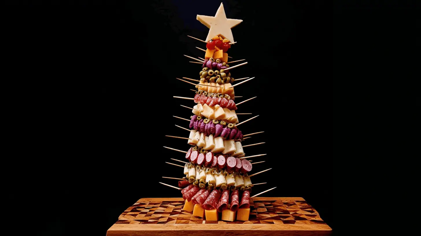 A vibrant Charcuterie Tree made with cheese, cured meats, and olives on a decorative wooden board against a black background.