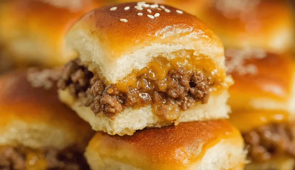 Close-up of appetizing Cheeseburger Sliders with melted cheese and a golden-brown bun, stacked on a serving tray.