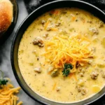 A creamy, rich cheeseburger soup topped with shredded cheddar cheese, fresh parsley, and served with dinner rolls on a marble surface.