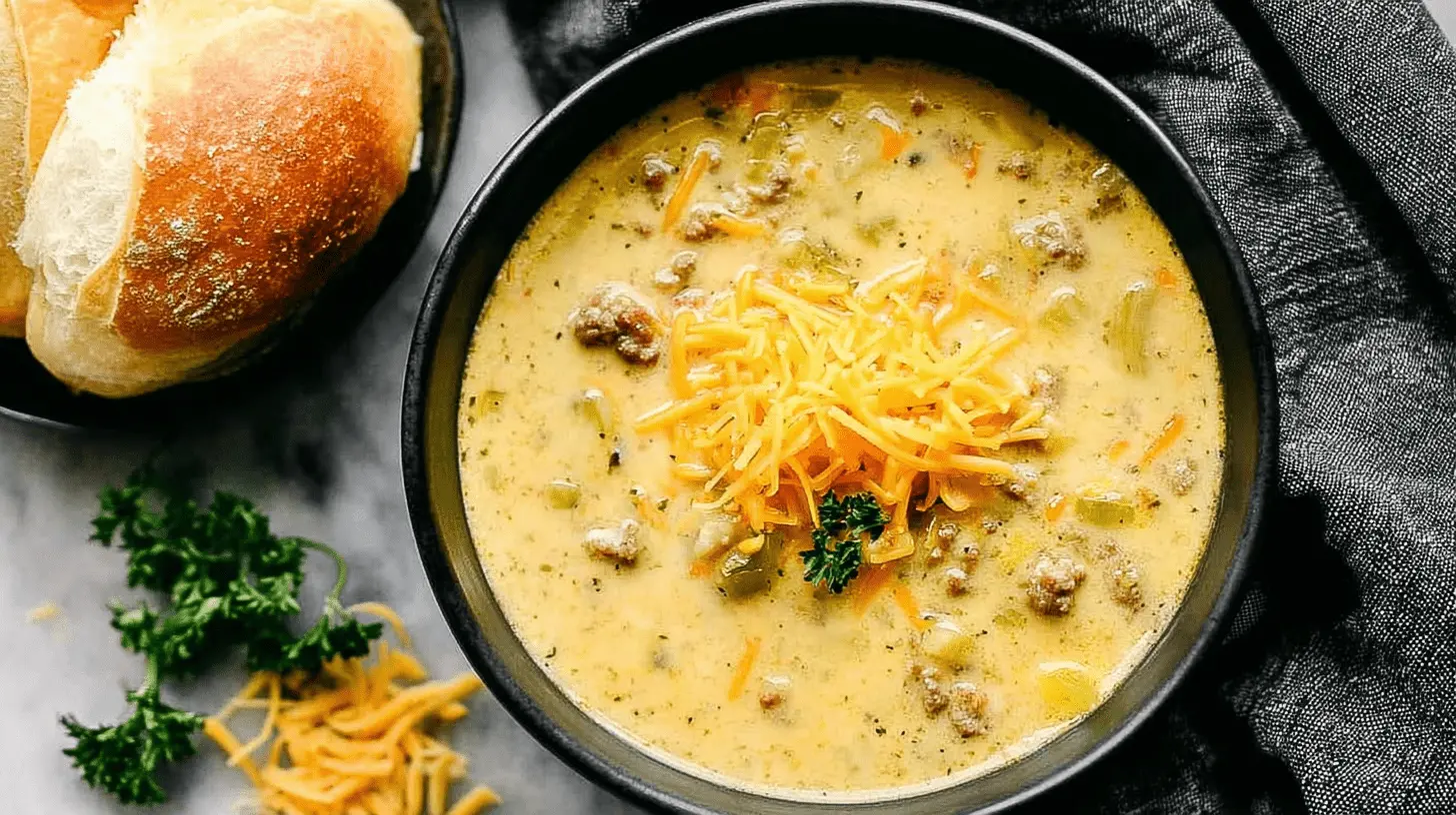 A creamy, rich cheeseburger soup topped with shredded cheddar cheese, fresh parsley, and served with dinner rolls on a marble surface.