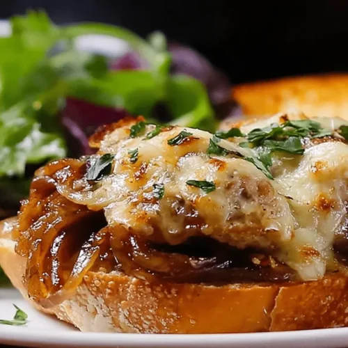 Close-up of a gourmet Cheesy French Onion Chicken open-faced sandwich with caramelized onions, melted cheese, and fresh herbs on toasted bread, served with a side salad.