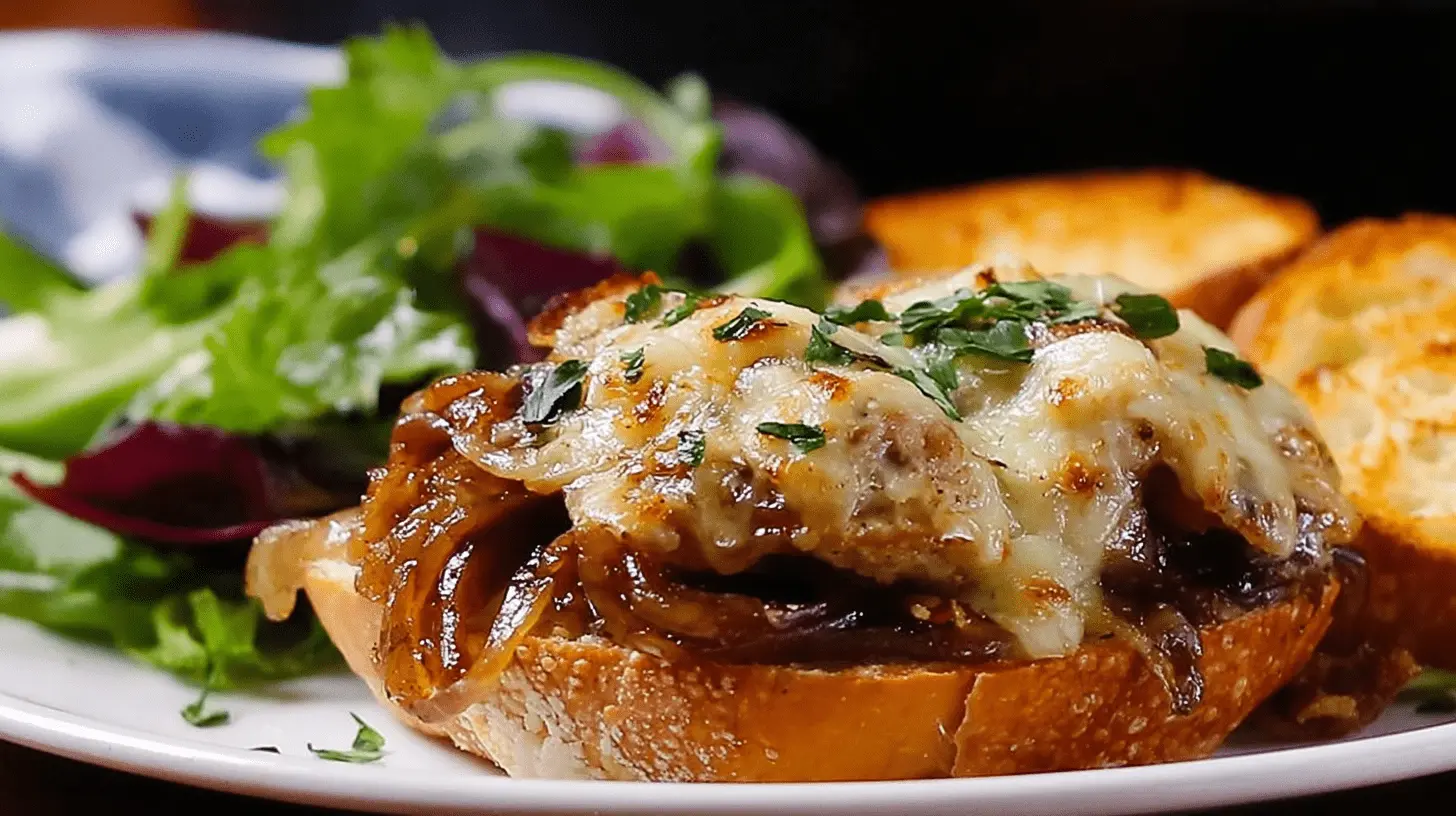 Close-up of a gourmet Cheesy French Onion Chicken open-faced sandwich with caramelized onions, melted cheese, and fresh herbs on toasted bread, served with a side salad.