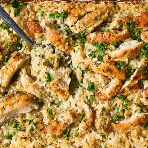 An overhead view of a delicious, golden-brown chicken and rice casserole recipe in a white baking dish, garnished with fresh herbs and a serving spoon.