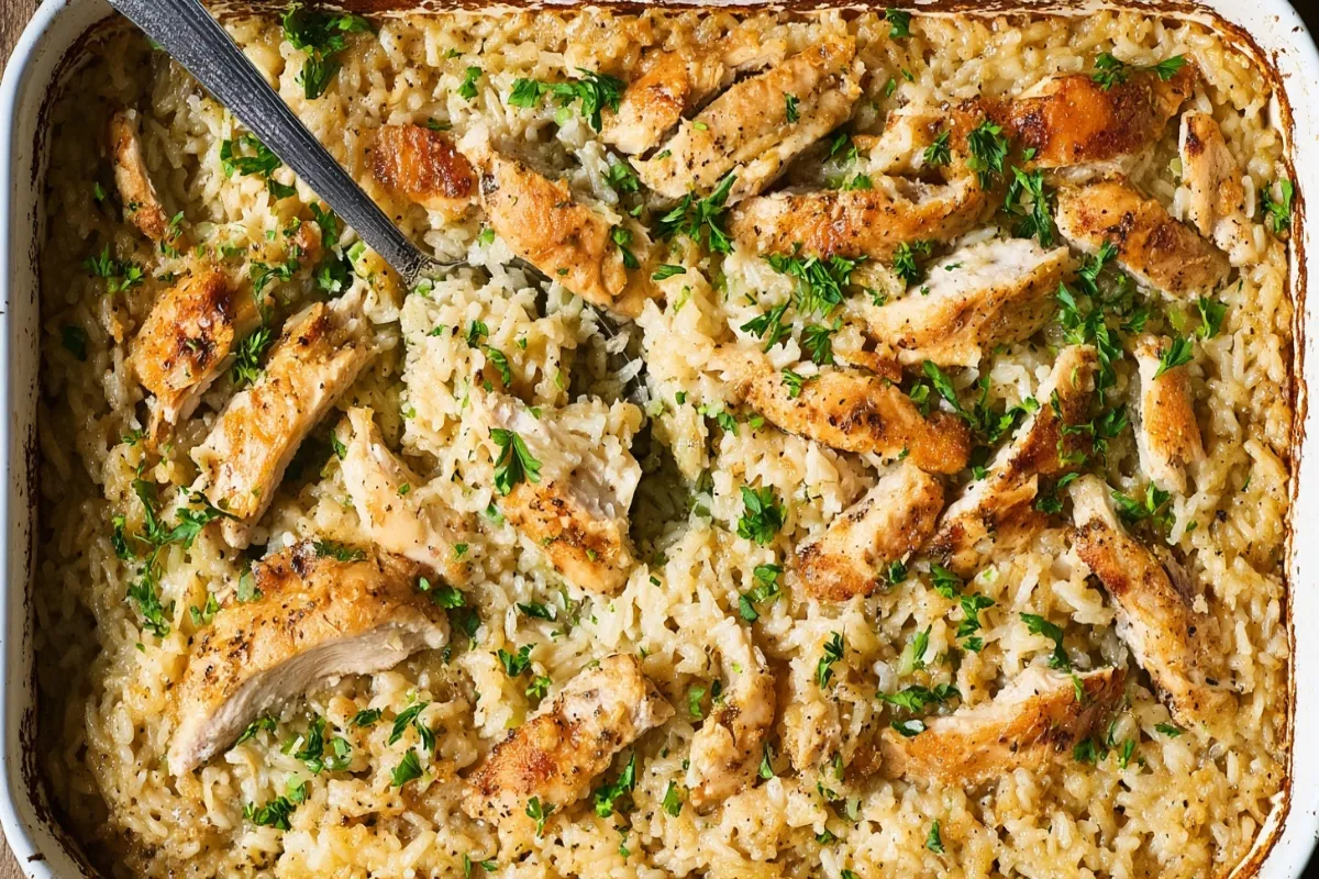 An overhead view of a delicious, golden-brown chicken and rice casserole recipe in a white baking dish, garnished with fresh herbs and a serving spoon.