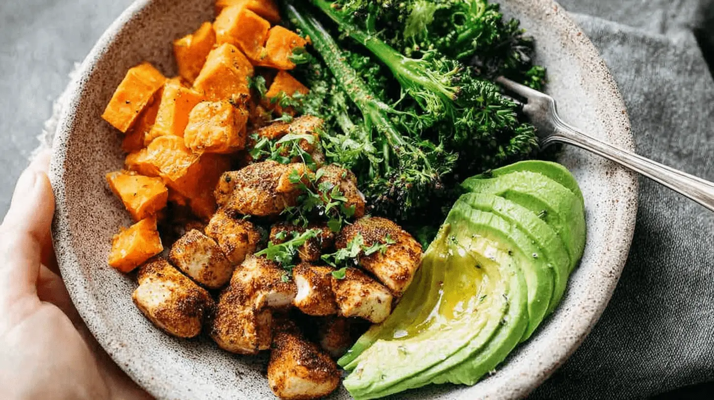 Overhead view of a vibrant Chicken and Sweet Potato Meal Prep bowl with broccolini and avocado.
