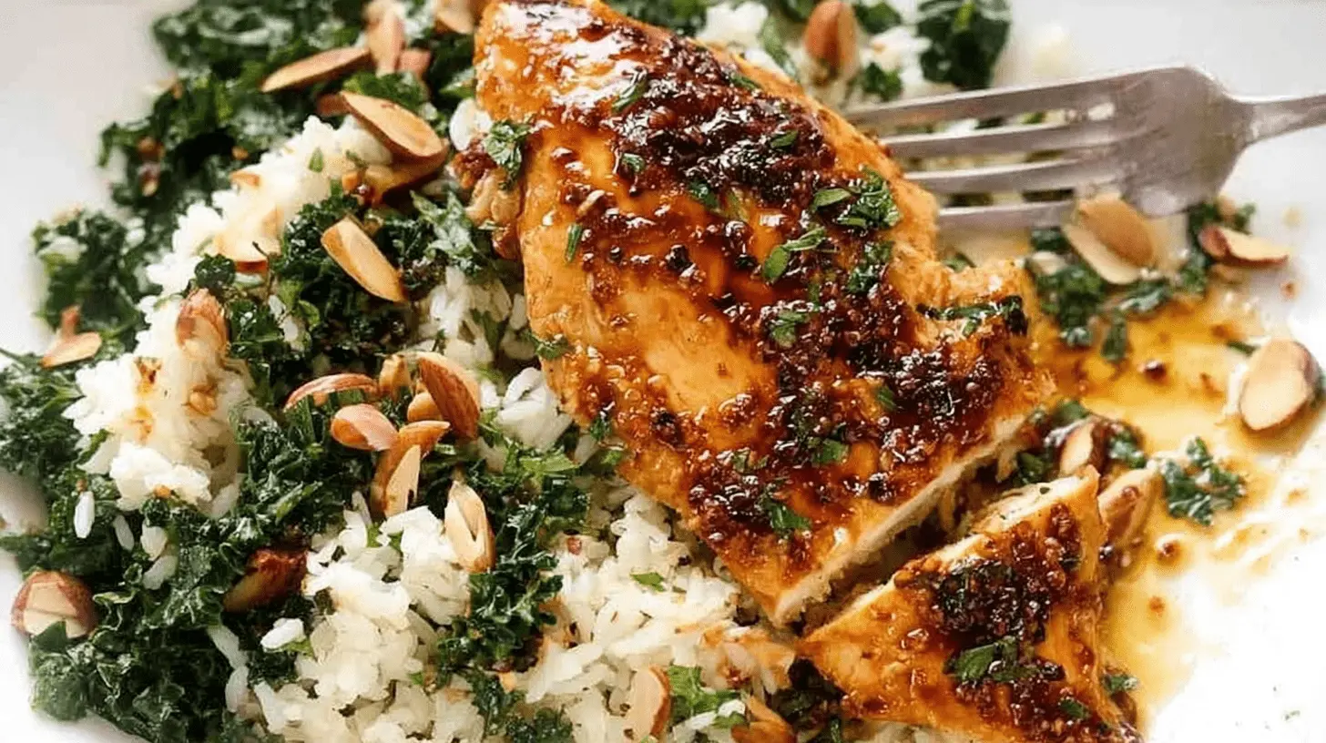 Close-up of glazed chicken breast served with white rice, green vegetables, and toasted almonds on a white plate.