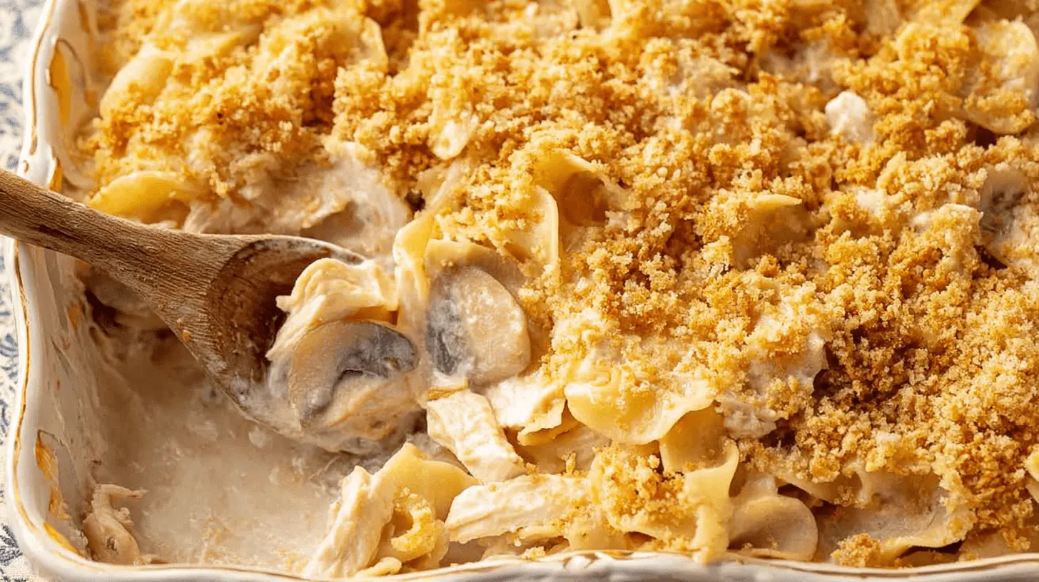 Creamy chicken and mushroom noodle casserole with a golden breadcrumb topping, being scooped from a white dish, inspiring delicious chicken casserole recipes.