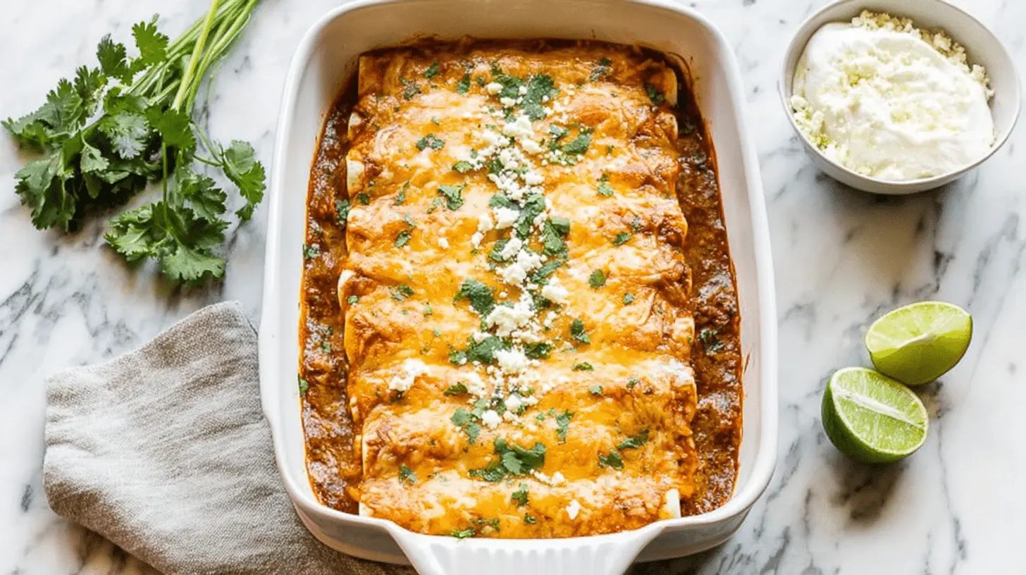 Golden-brown baked Chicken Enchiladas garnished with fresh cilantro and crumbled cheese, ready to serve on a white marble surface.