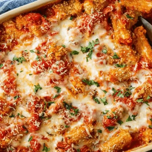 Close-up of a hearty Chicken Parmesan Casserole in a ceramic baking dish, with melted cheese, rich tomato sauce, and fresh herbs.