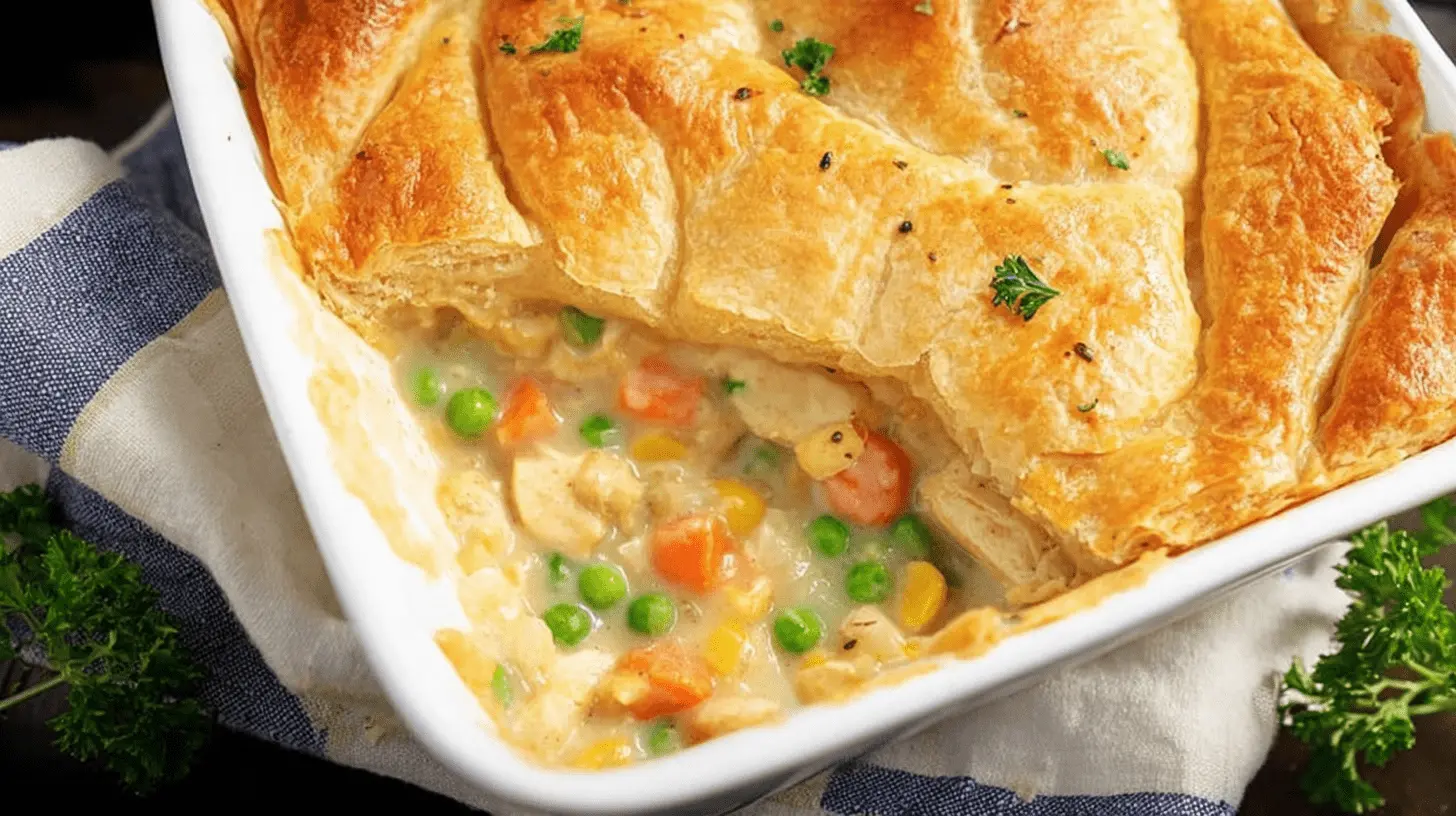 Freshly baked chicken pot pie casserole in a white dish, featuring a golden, flaky puff pastry crust and a visible creamy filling with chicken, peas, and carrots.