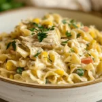 Creamy Chicken Pot Pie Pasta in a rustic bowl with chicken and mixed vegetables.