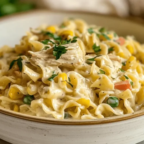 Creamy Chicken Pot Pie Pasta in a rustic bowl with chicken and mixed vegetables.