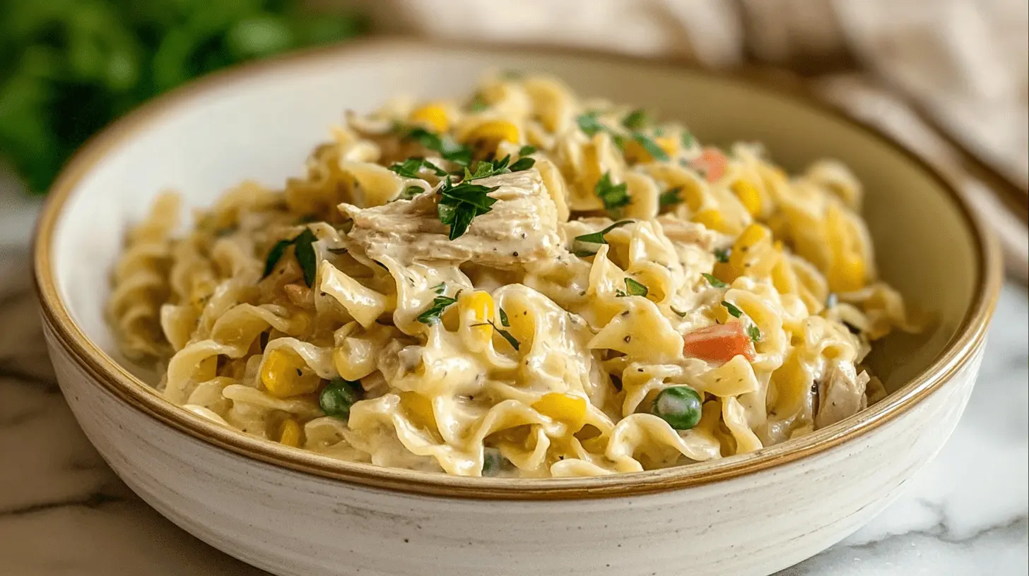 Creamy Chicken Pot Pie Pasta in a rustic bowl with chicken and mixed vegetables.