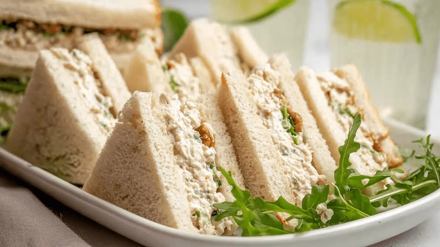 Platter of elegant chicken sandwiches with creamy herb and nut filling, garnished with arugula.