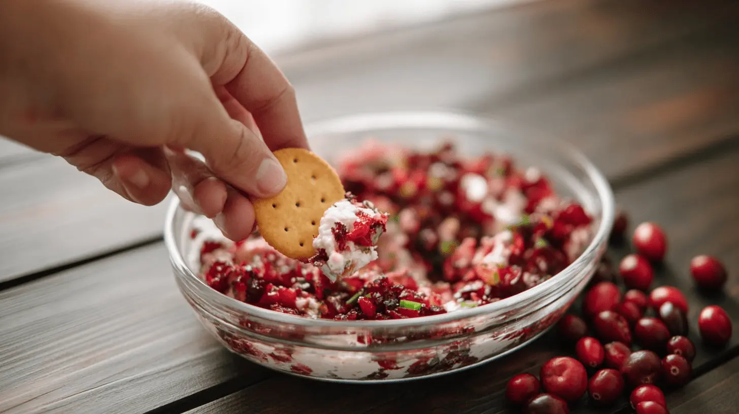 A hand dips a cracker into a festive Christmas Cranberry Jalapeno Dip, garnished with fresh cranberries and herbs, on a wooden table.