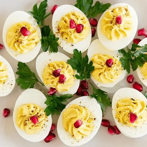Overhead shot of festive Christmas Deviled Eggs garnished with vibrant pomegranate arils and fresh parsley on a white platter.
