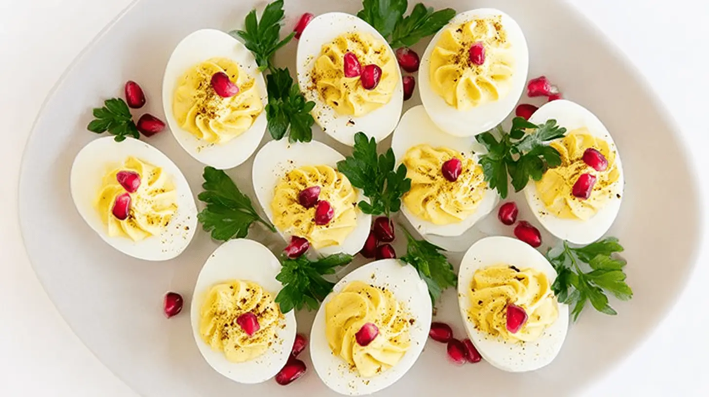 Overhead shot of festive Christmas Deviled Eggs garnished with vibrant pomegranate arils and fresh parsley on a white platter.
