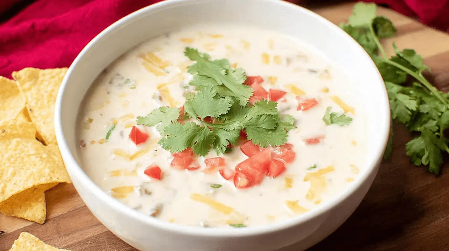 A vibrant close-up of creamy Christmas Queso dip in a white bowl, garnished with cilantro and diced tomatoes, surrounded by golden tortilla chips on a rustic wooden surface.
