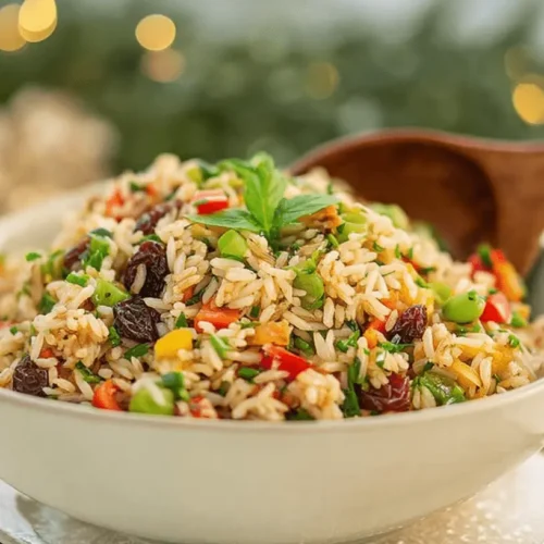 Vibrant Christmas Rice Salad with peas, peppers, cranberries, and fresh basil, set against a festive, blurred holiday background.