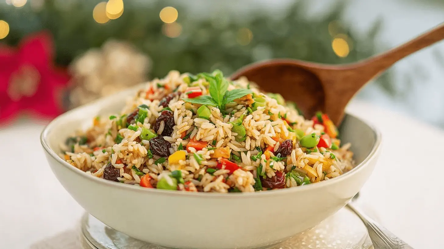 Vibrant Christmas Rice Salad with peas, peppers, cranberries, and fresh basil, set against a festive, blurred holiday background.