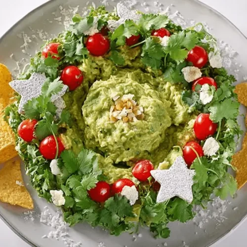A festive Christmas Wreath Guacamole dip, garnished with cherry tomatoes, cilantro, and white cheese, surrounded by star, Christmas tree, and reindeer-shaped tortilla chips on a light grey plate.