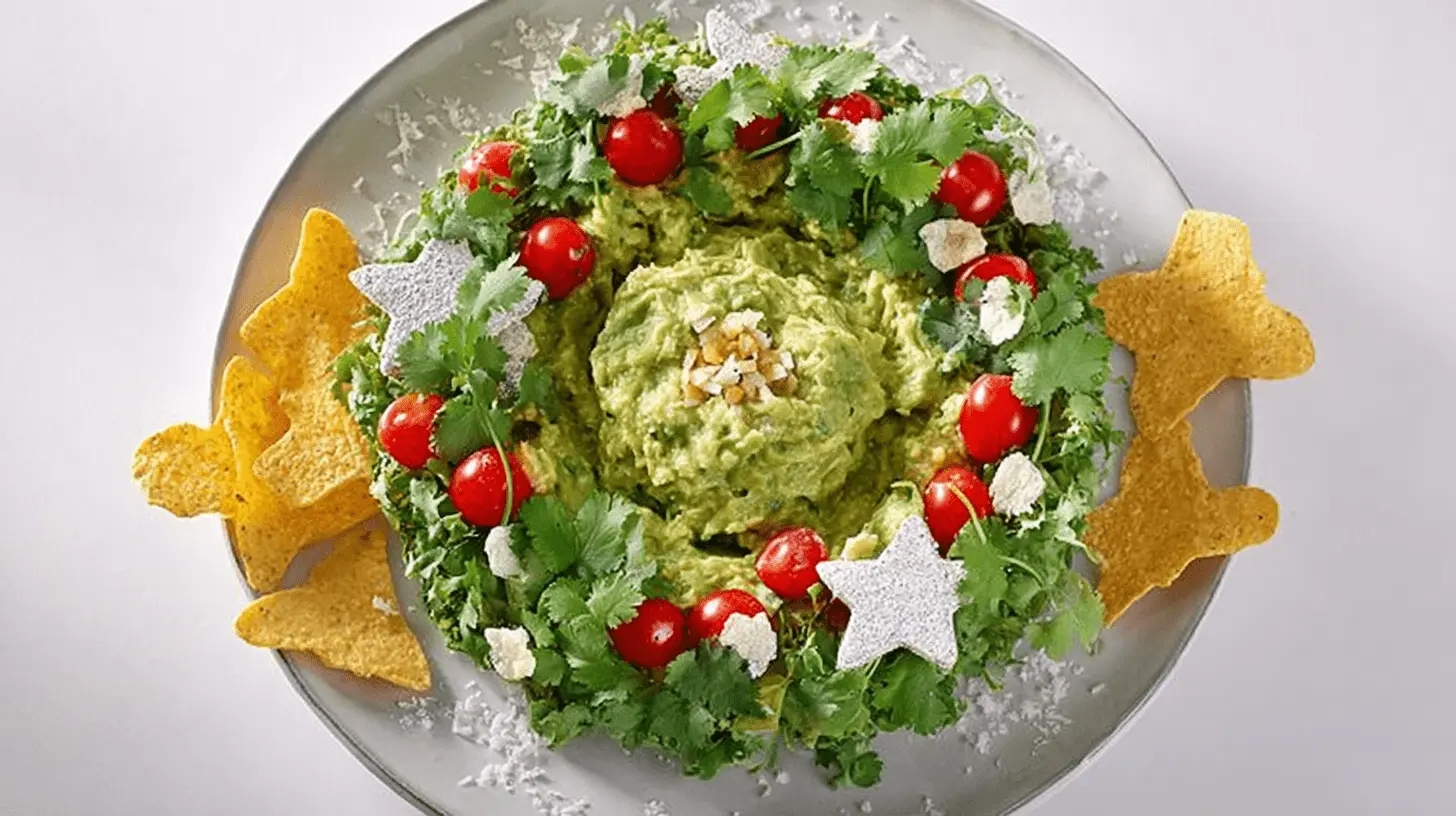 A festive Christmas Wreath Guacamole dip, garnished with cherry tomatoes, cilantro, and white cheese, surrounded by star, Christmas tree, and reindeer-shaped tortilla chips on a light grey plate.