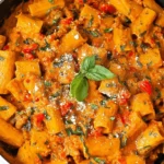 Close-up of creamy Cottage Cheese Pasta served in a dark pan with fresh basil and grated cheese.