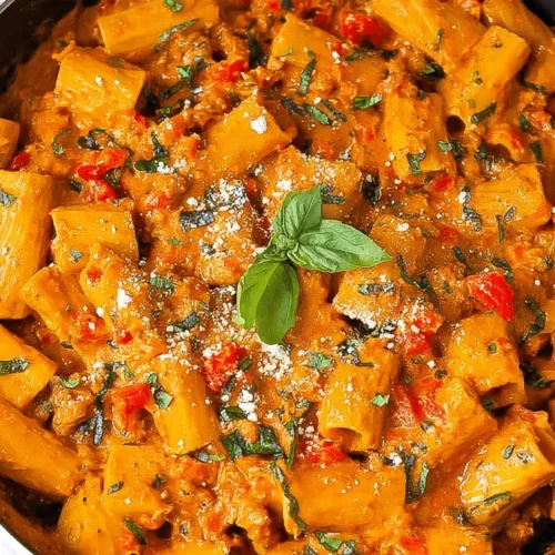 Close-up of creamy Cottage Cheese Pasta served in a dark pan with fresh basil and grated cheese.
