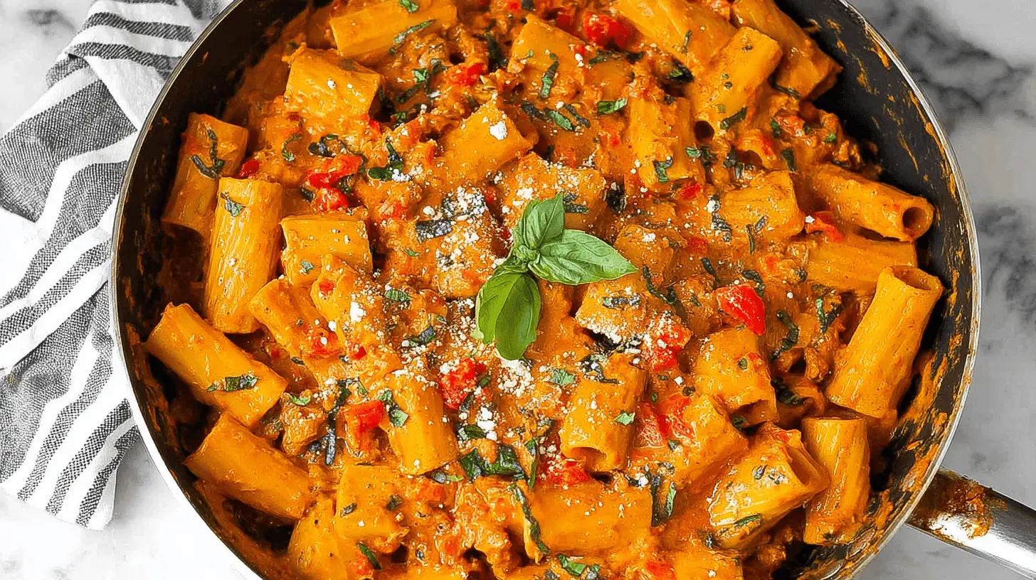 Close-up of creamy Cottage Cheese Pasta served in a dark pan with fresh basil and grated cheese.