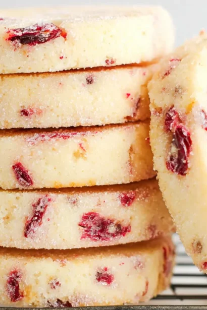 A stack of golden cranberry orange shortbread cookies dusted with fine sugar, with scattered cranberries and an orange slice in the background.
