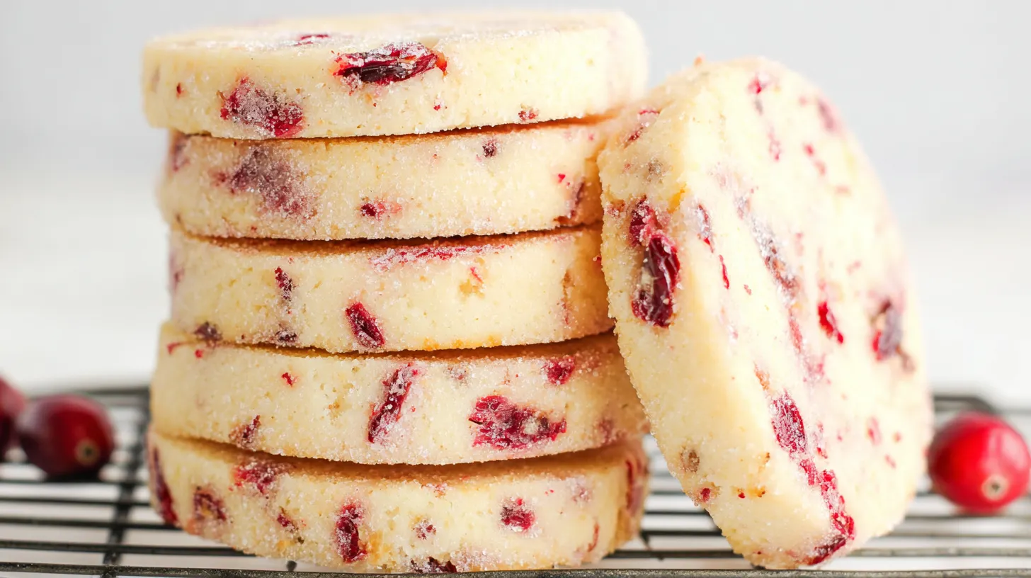 A stack of golden cranberry orange shortbread cookies dusted with fine sugar, with scattered cranberries and an orange slice in the background.