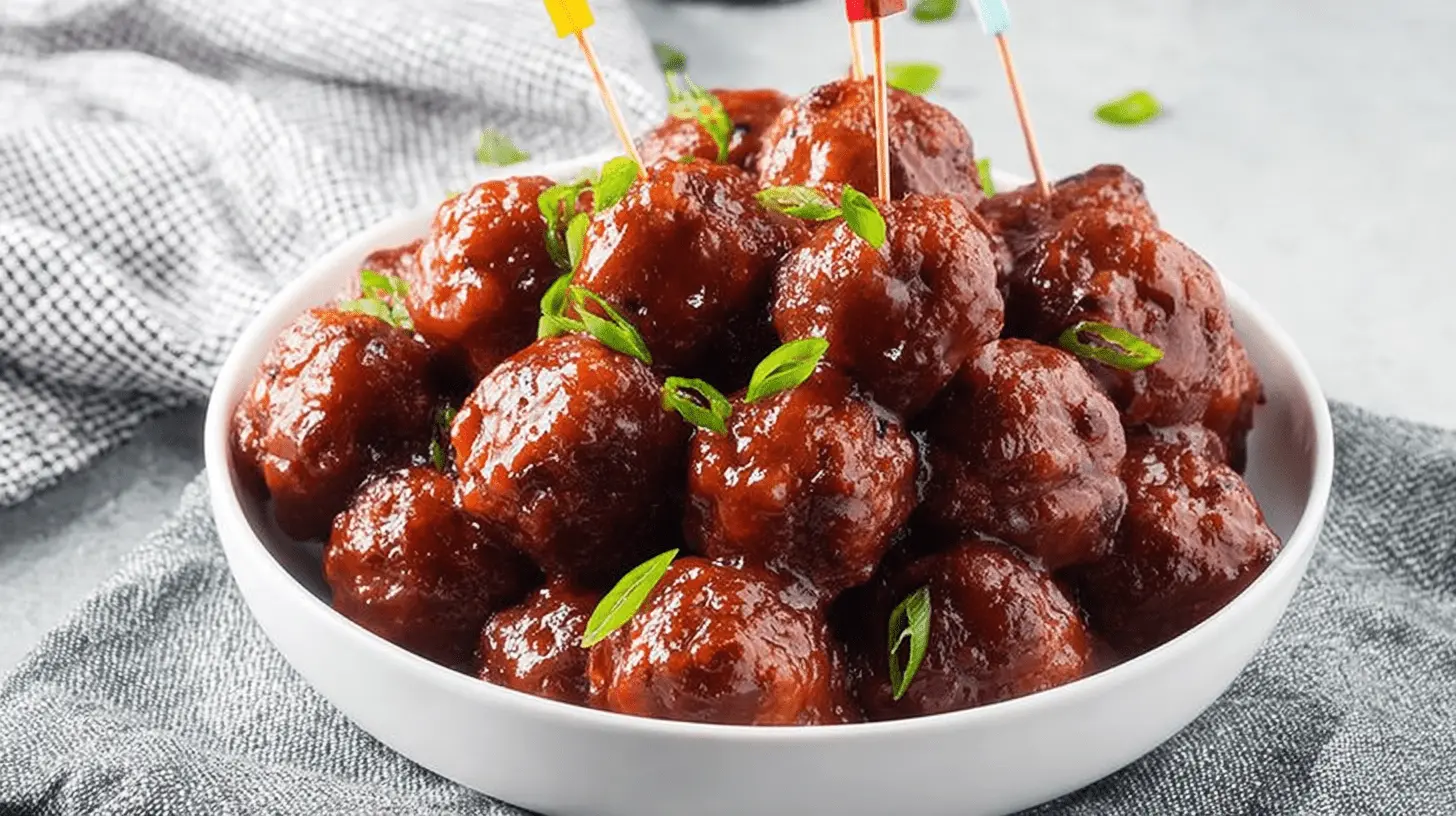 Close-up of glistening Cranberry Meatballs in a white bowl, garnished with fresh green herbs and colorful toothpicks, ready to serve.