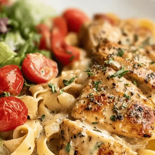 Close-up of pan-seared chicken breast generously coated in creamy pesto sauce, served over pasta with a side salad of mixed greens and cherry tomatoes, highlighting a delicious Creamy Pesto Chicken meal.