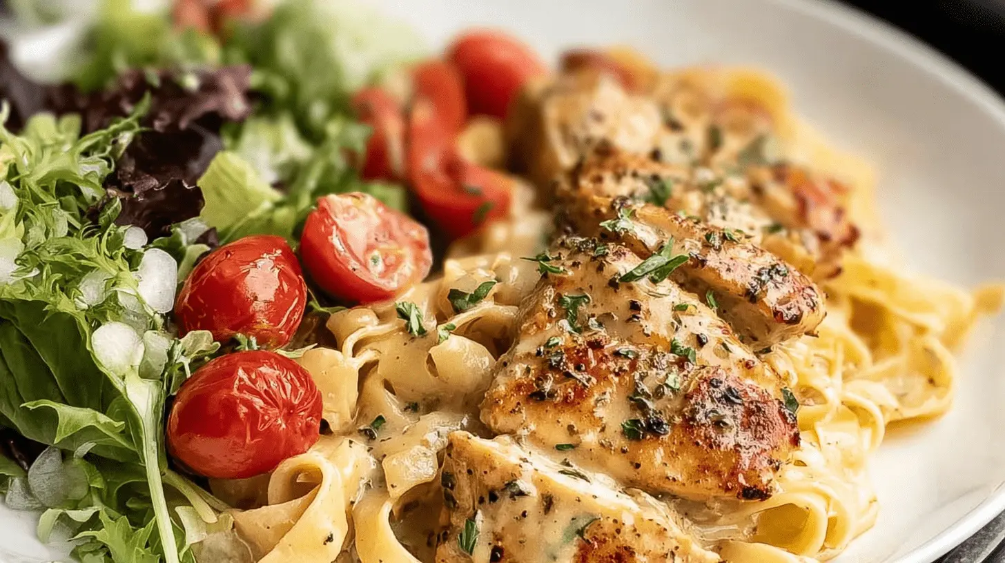 Close-up of pan-seared chicken breast generously coated in creamy pesto sauce, served over pasta with a side salad of mixed greens and cherry tomatoes, highlighting a delicious Creamy Pesto Chicken meal.