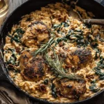 A rustic cast iron skillet filled with delicious Creamy Sun-Dried Tomato Chicken Orzo, garnished with fresh rosemary on a wooden table.