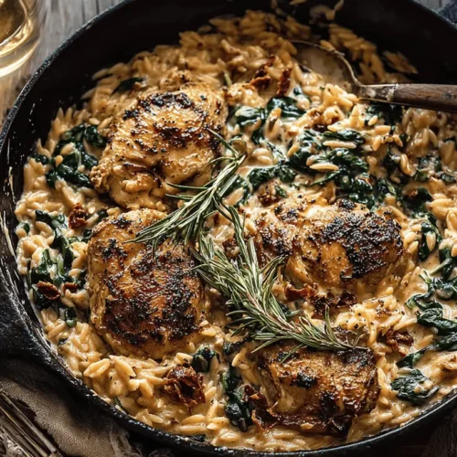 A rustic cast iron skillet filled with delicious Creamy Sun-Dried Tomato Chicken Orzo, garnished with fresh rosemary on a wooden table.
