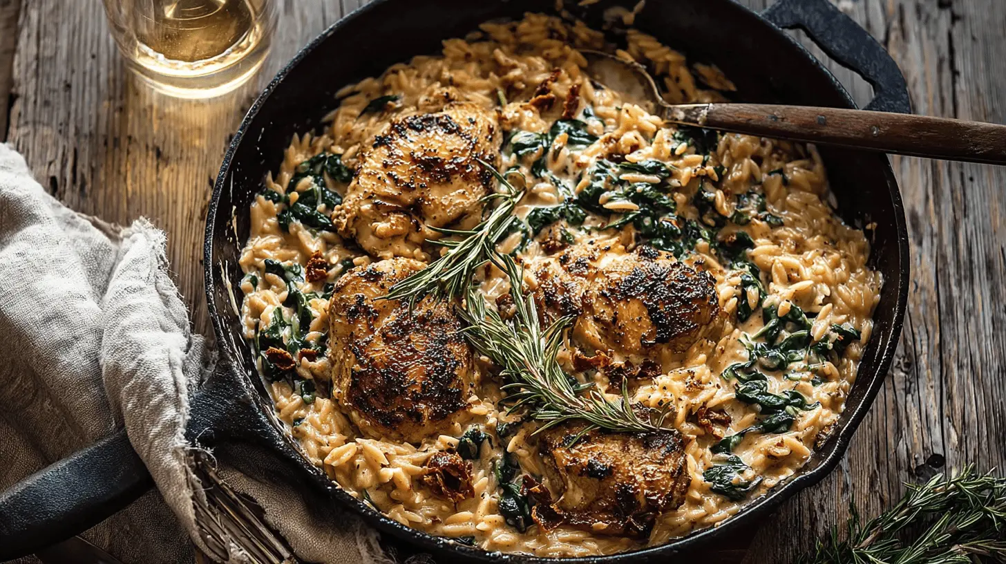 A rustic cast iron skillet filled with delicious Creamy Sun-Dried Tomato Chicken Orzo, garnished with fresh rosemary on a wooden table.