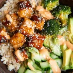 Close-up of a vibrant Crispy Bang Bang Salmon Bites Bowl served in a rustic wooden bowl, featuring glazed salmon, rice, broccoli, avocado, and creamy sauce.