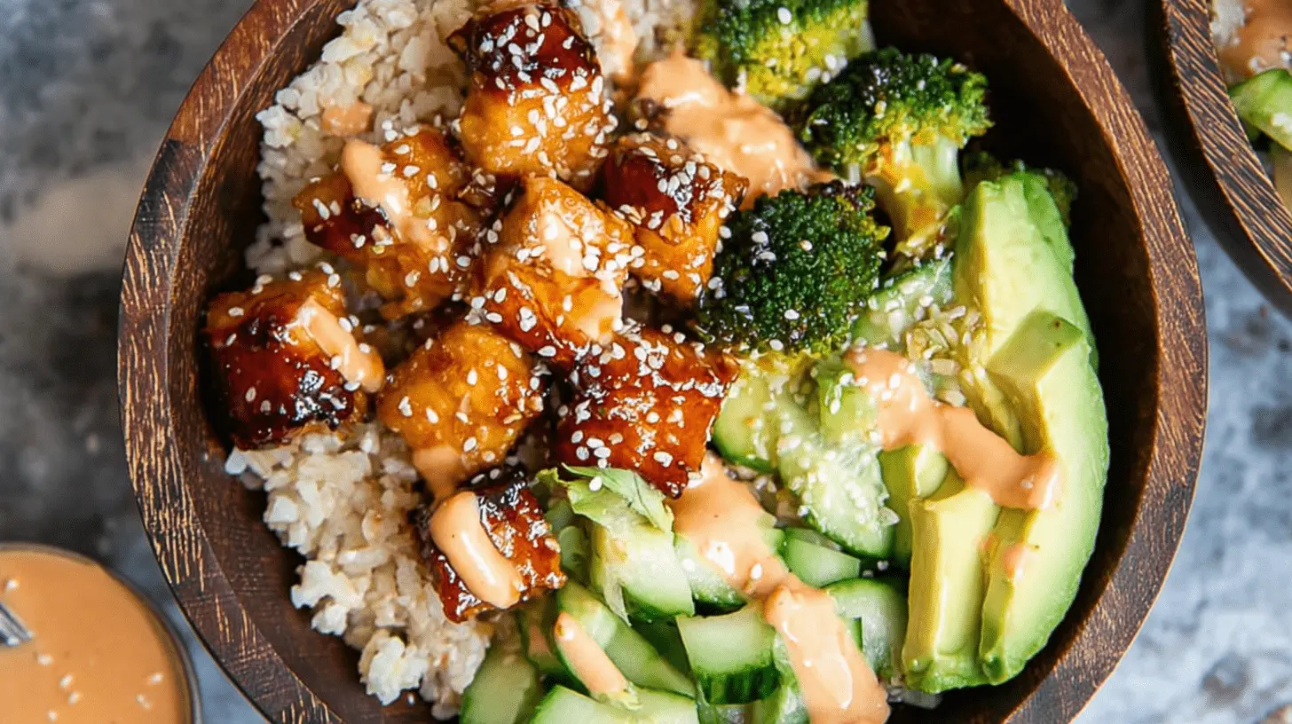 Close-up of a vibrant Crispy Bang Bang Salmon Bites Bowl served in a rustic wooden bowl, featuring glazed salmon, rice, broccoli, avocado, and creamy sauce.