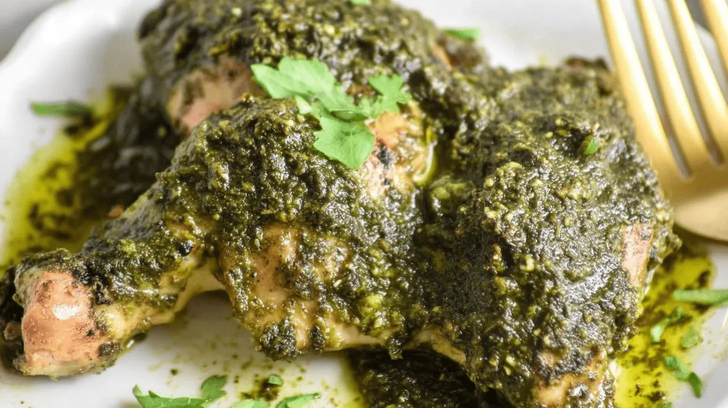 Close-up of succulent Crockpot Pesto Chicken pieces, richly coated in vibrant green pesto sauce, garnished with fresh herbs on a white plate.