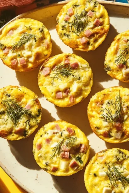 Savory Egg Muffin Cups with Veggies, ham, and cheese, garnished with dill on a yellow background.