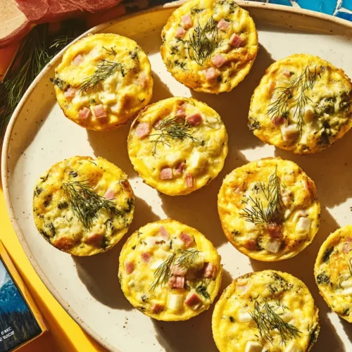 Savory Egg Muffin Cups with Veggies, ham, and cheese, garnished with dill on a yellow background.