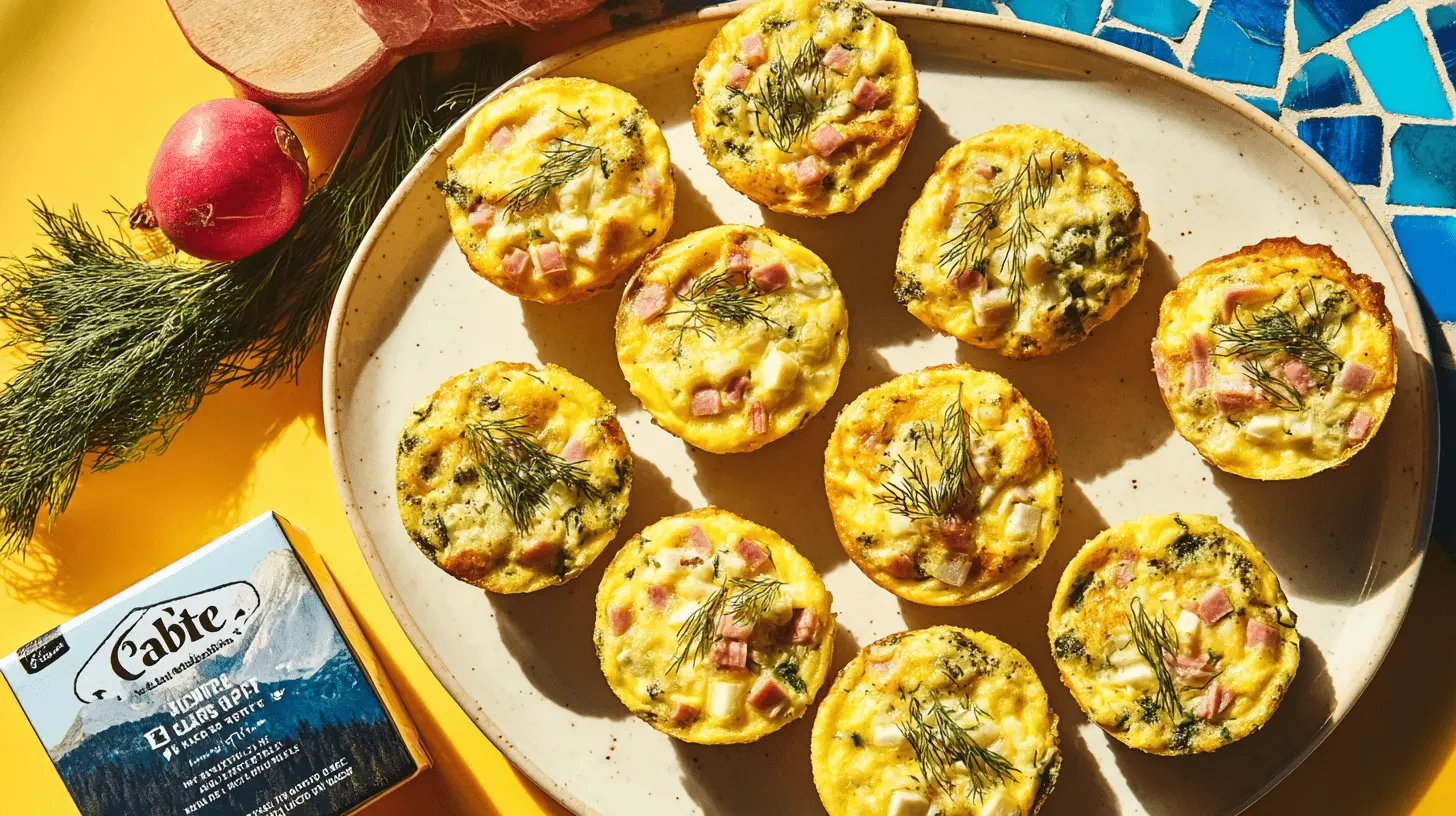 Savory Egg Muffin Cups with Veggies, ham, and cheese, garnished with dill on a yellow background.
