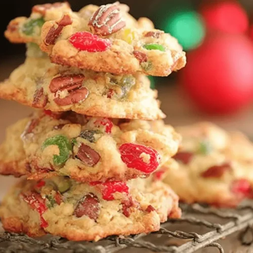 Stack of homemade Fruitcake Cookies with candied fruit and pecans on a rustic cooling rack, set against a blurred holiday background.