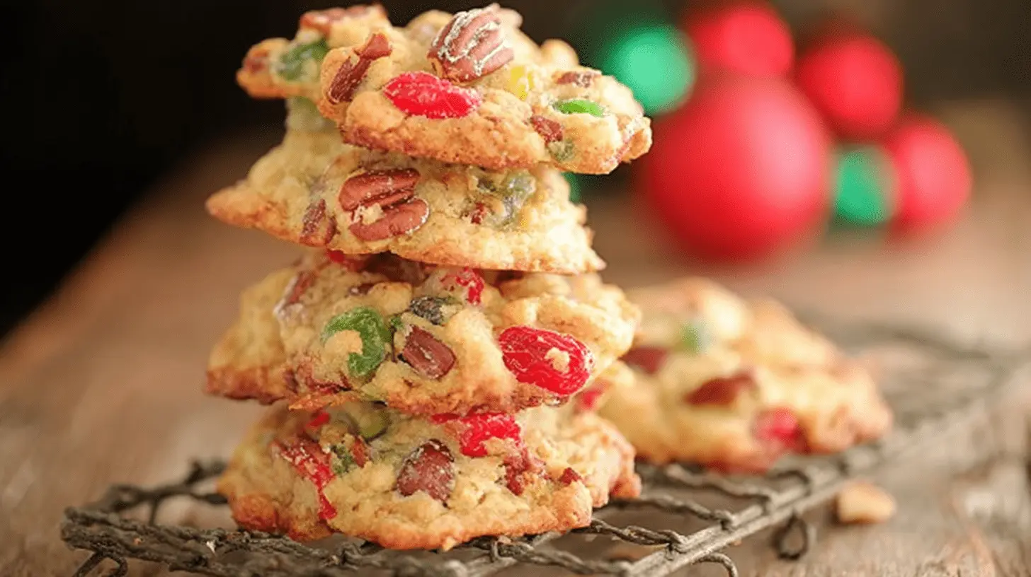Stack of homemade Fruitcake Cookies with candied fruit and pecans on a rustic cooling rack, set against a blurred holiday background.