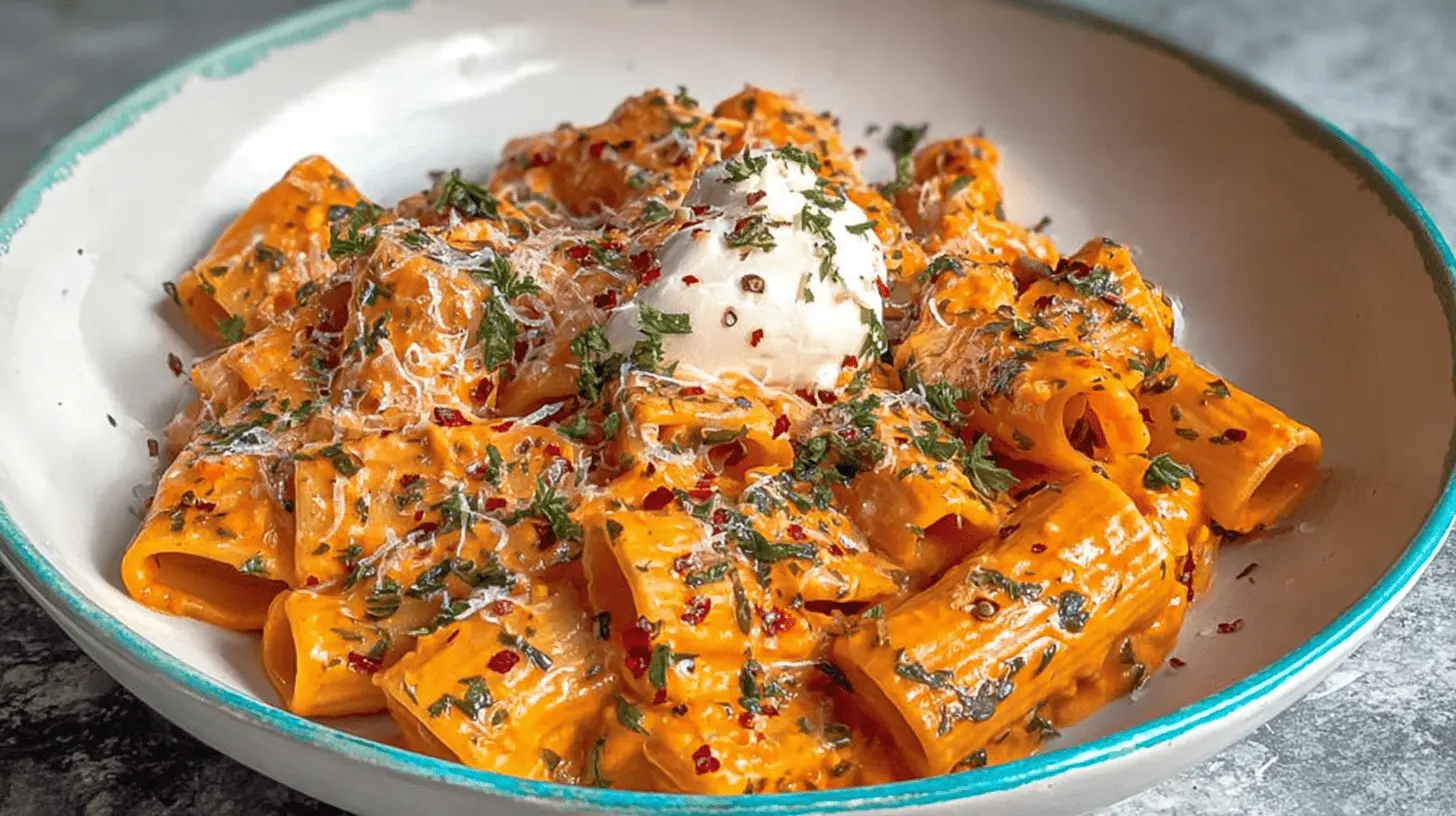 Close-up of a rich Garlic Tomato Pasta dish topped with creamy burrata, fresh herbs, and grated cheese in a rustic bowl.